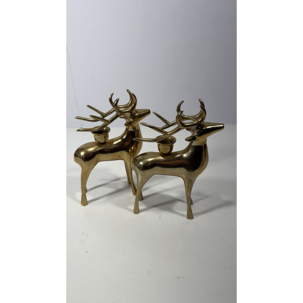 Pottery Barn Set Of 2 Reindeer Taper Candleholders Polished Brass 7"